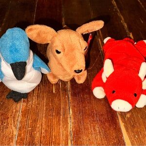 3 TY Beanie Babies Snort Bull Weenie Dog Rocket Bird